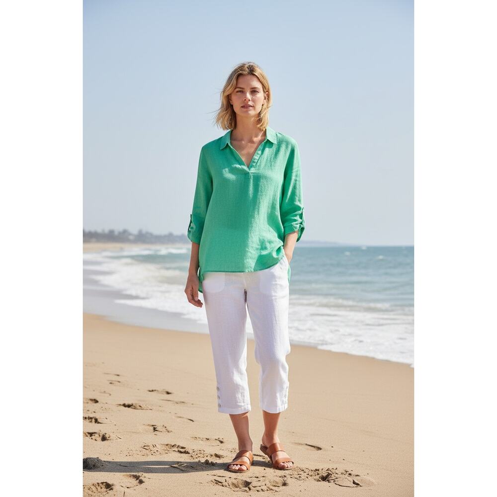 Tahari Womens 3/4 Sleeve Linen Blouse Plus Size 1X Green
